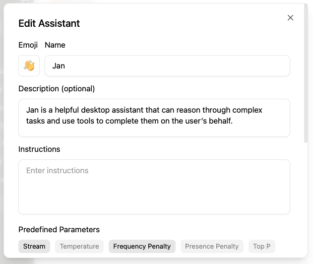 Jan app assistant settings interface showing empty system prompt field interface